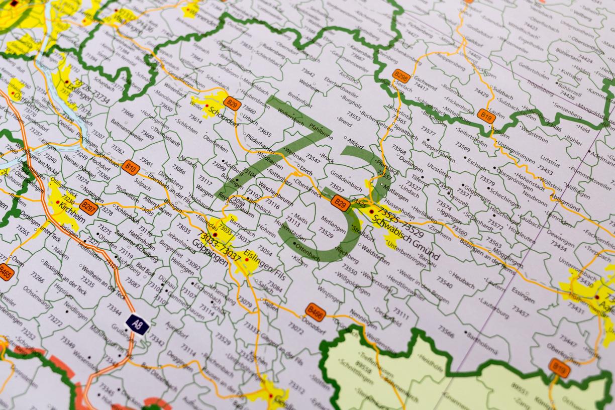 Große Postleitzahlenkarte Baden-Württemberg